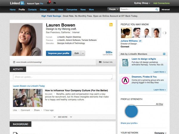 Perfil do LinkedIn após redesign em outubro de 2012